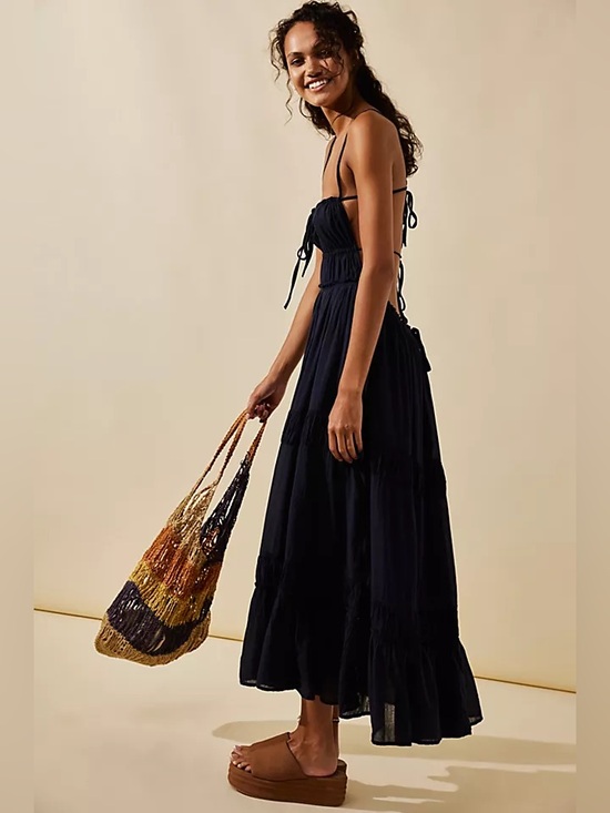 Free People Dresses & Skirts - Free People Black Tiered Maxi Dress with Spaghetti Straps